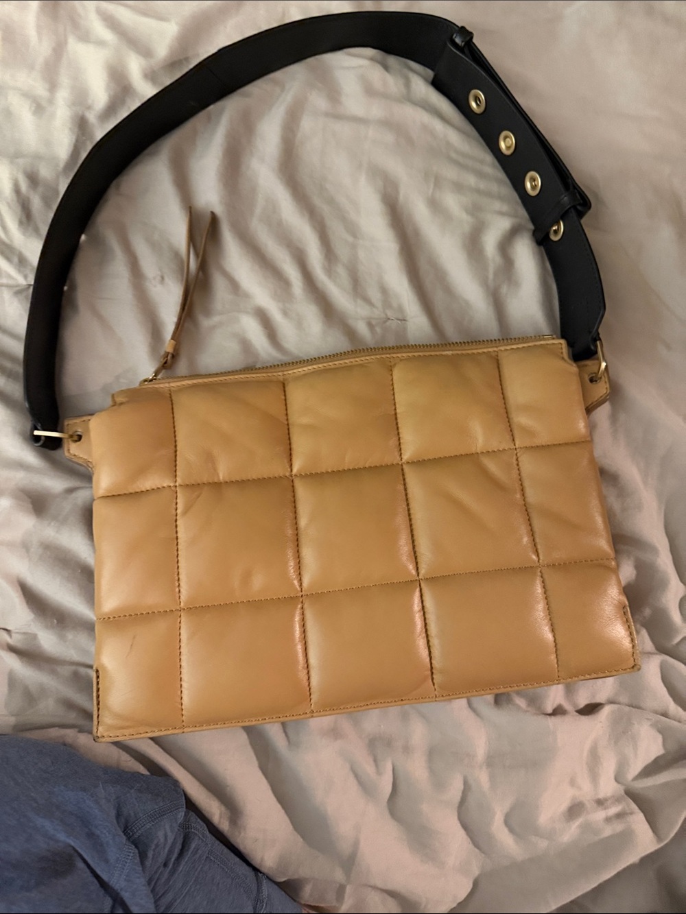 AllSaints Quilted Shoulder Bag in Tan with Black Strap